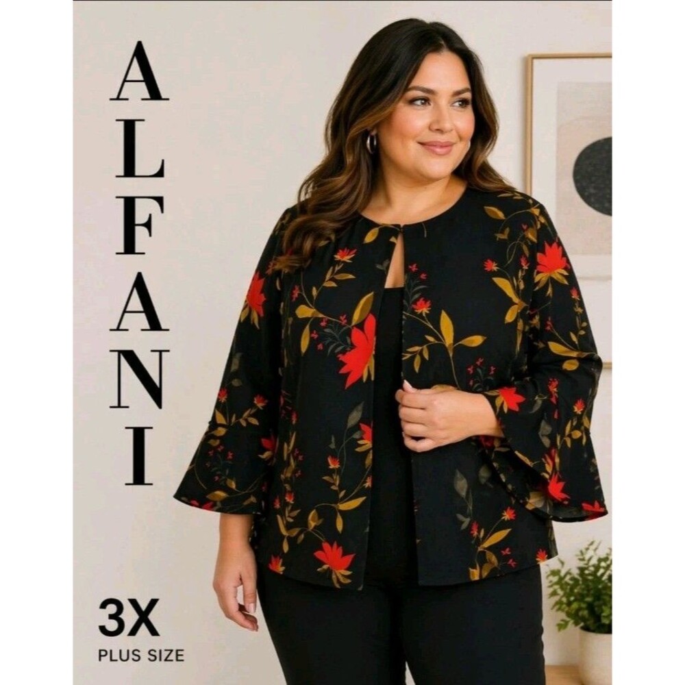 ALFANI Womens 3X Floral Career Business Tropical Polyester Black Blazer Jacket